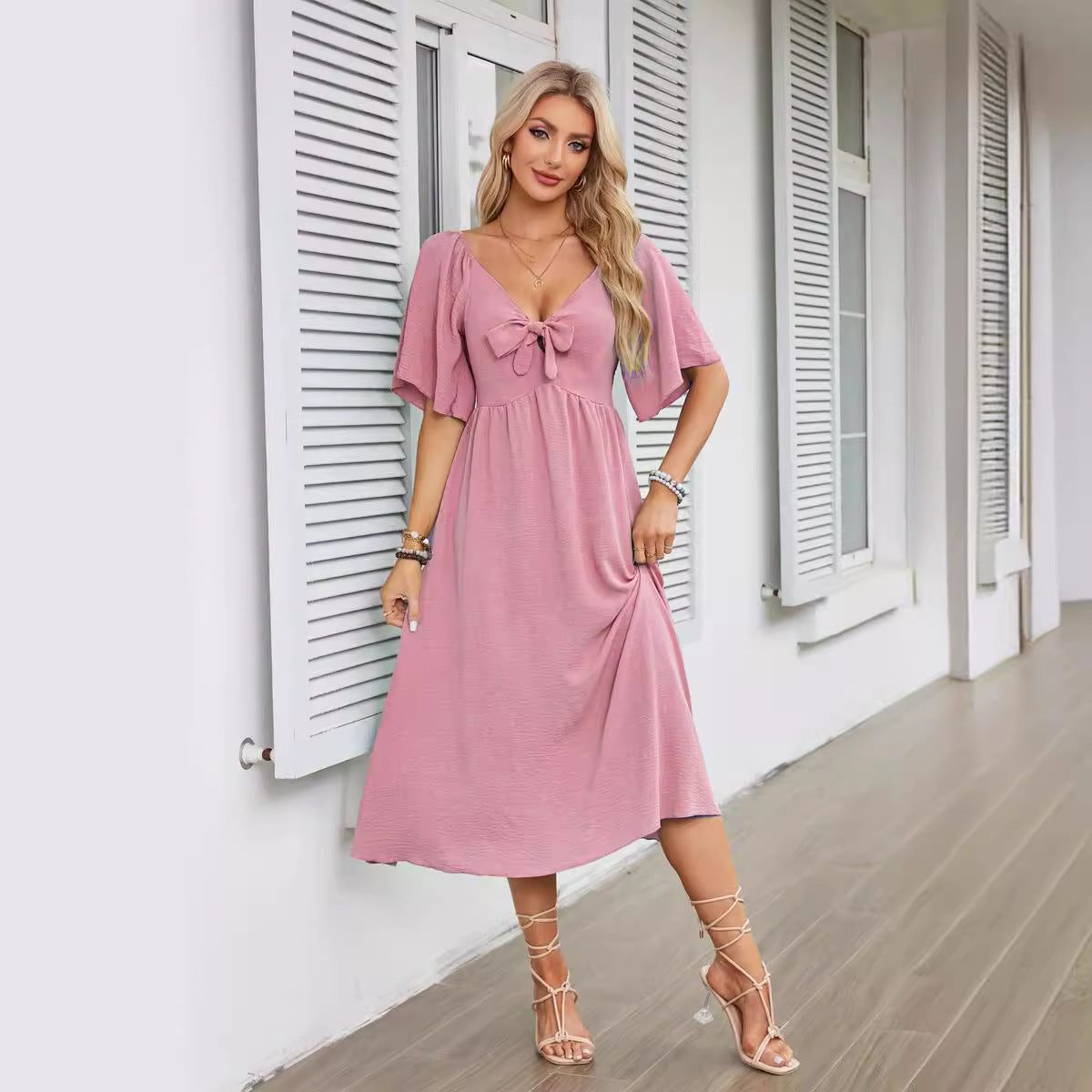 Women's Textured Flutter Sleeve Midi Dress with V-Neck and Tie Front - Maisie London