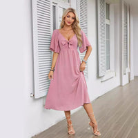 Women's Textured Flutter Sleeve Midi Dress with V-Neck and Tie Front - Maisie London