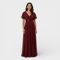 Women's Chiffon V-Neck Maxi Dress with Flutter Sleeves and Pleats - Maisie London