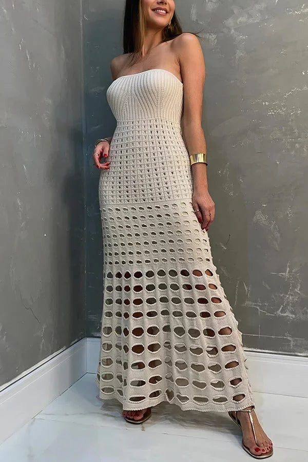 Women's Open-Knit Strapless Maxi Dress with Graduated Cut-Outs - Maisie London