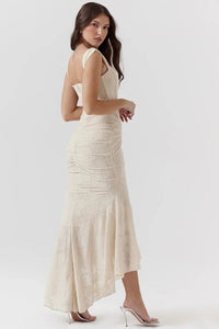 Women's Floral Jacquard Midi Dress with Ruched Waist and High-Low Hem - Maisie London