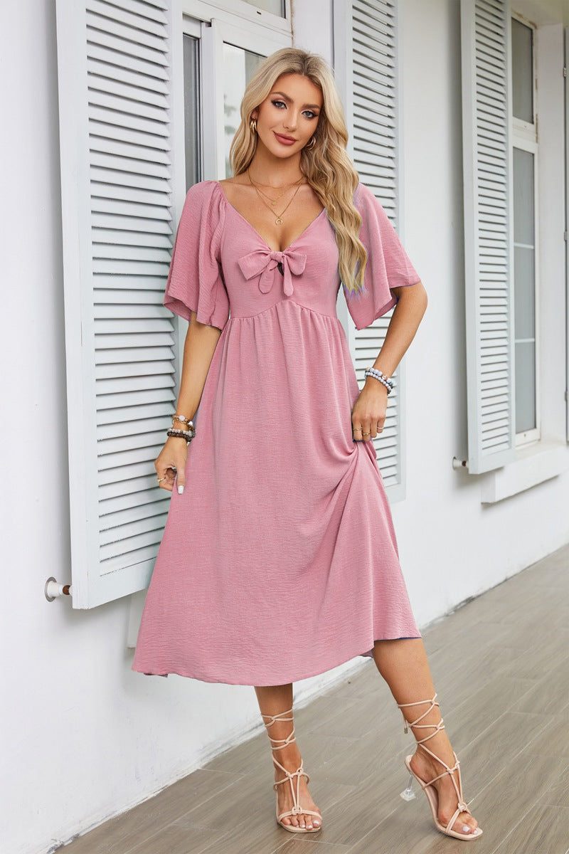 Women's Textured Flutter Sleeve Midi Dress with V-Neck and Tie Front - Maisie London
