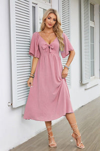 Women's Textured Flutter Sleeve Midi Dress with V-Neck and Tie Front - Maisie London