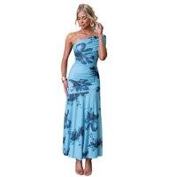 Women's Blue Floral One-Shoulder Maxi Dress with Ruched Waist - Maisie London