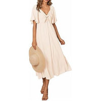 Women's Textured Flutter Sleeve Midi Dress with V-Neck and Tie Front - Maisie London