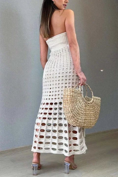 Women's Open-Knit Strapless Maxi Dress with Graduated Cut-Outs - Maisie London