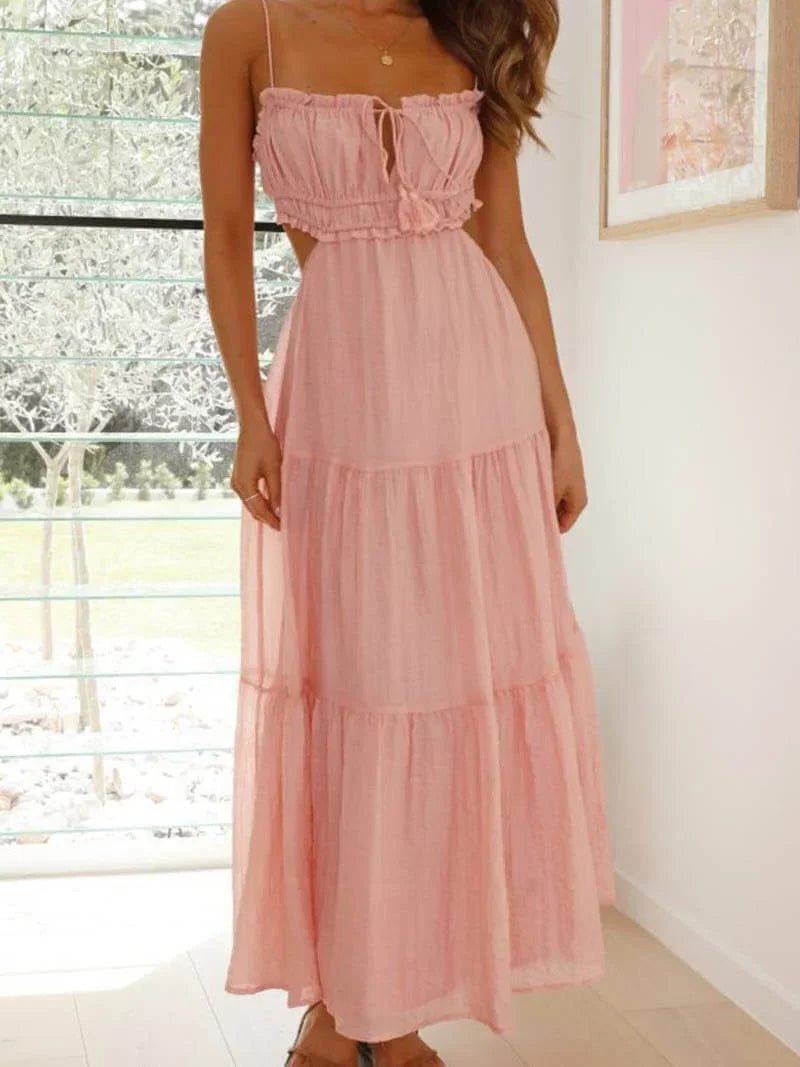 Women's Tiered Maxi Dress with Thin Straps and Cut-Out Waist - Maisie London