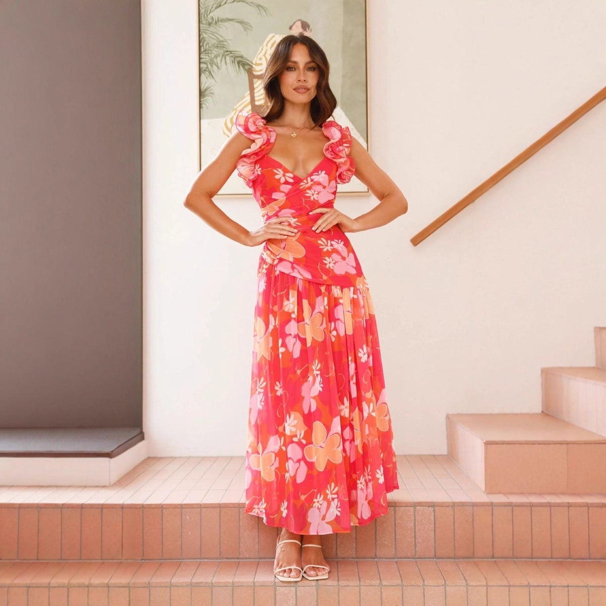 Women's Ruffle Shoulder Midi Dress with V-Neck and Ruched Waist - Maisie London
