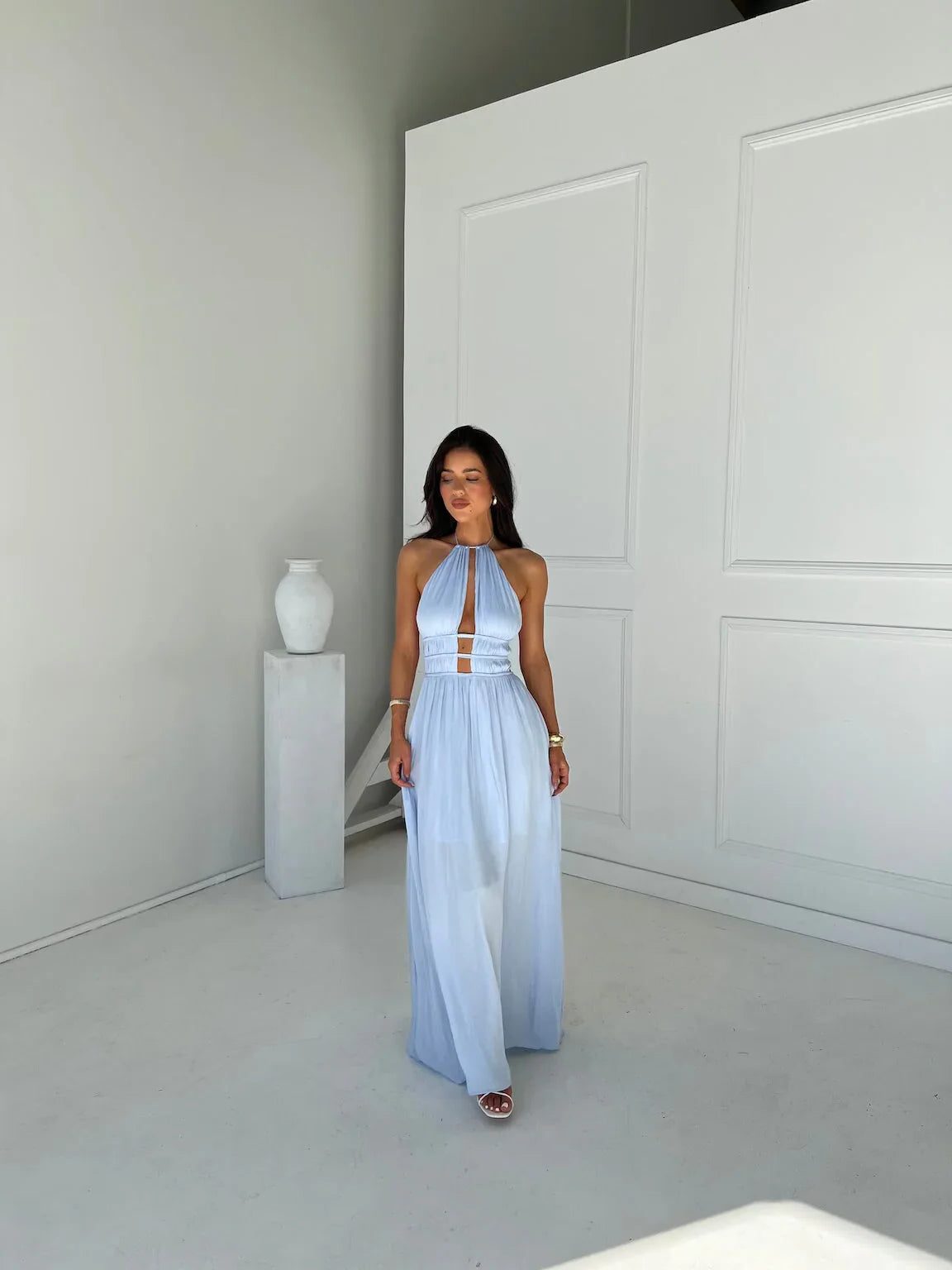 Women's Halterneck Maxi Dress with Front Cut-Out and Open Back - Maisie London