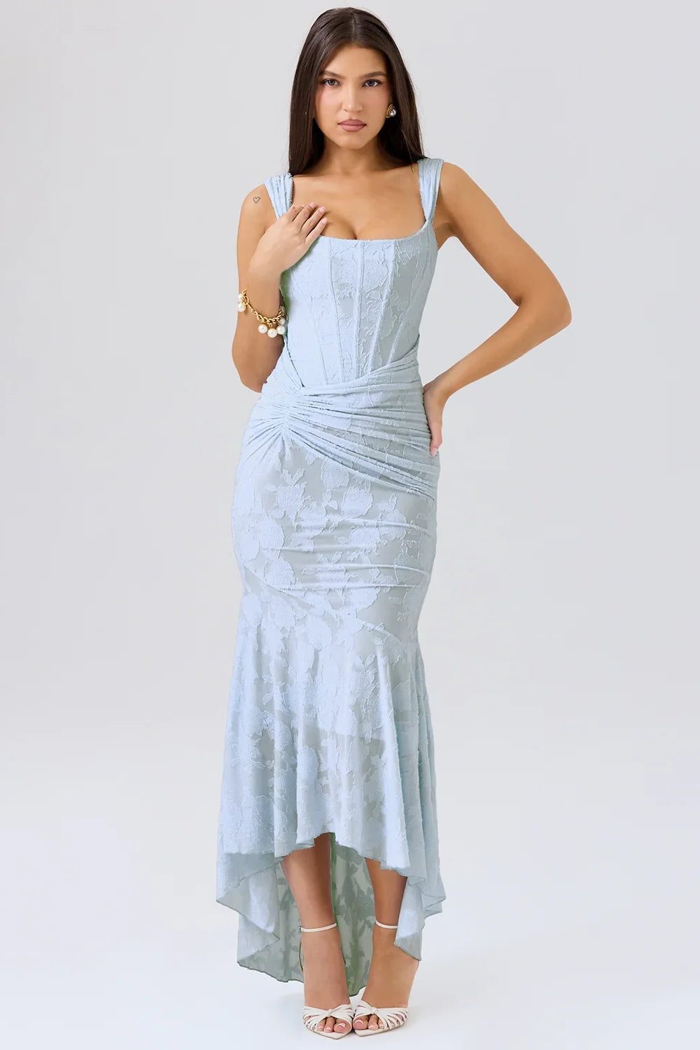 Women's Floral Jacquard Midi Dress with Ruched Waist and High-Low Hem - Maisie London