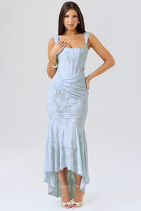 Women's Floral Jacquard Midi Dress with Ruched Waist and High-Low Hem - Maisie London