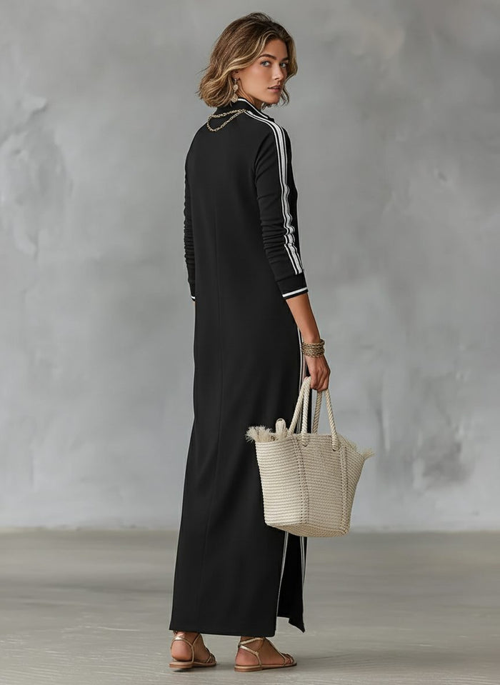 Women's Jersey Maxi Shirt Dress with Side Stripes and Split Hem - Maisie London
