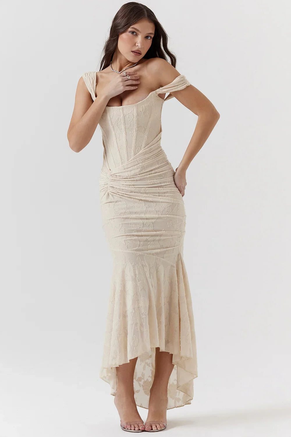 Women's Floral Jacquard Midi Dress with Ruched Waist and High-Low Hem - Maisie London