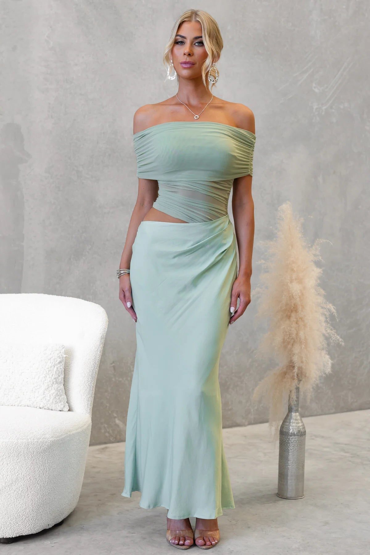 Women's Satin Off-Shoulder Maxi Dress with Ruched Mesh Bodice - Maisie London