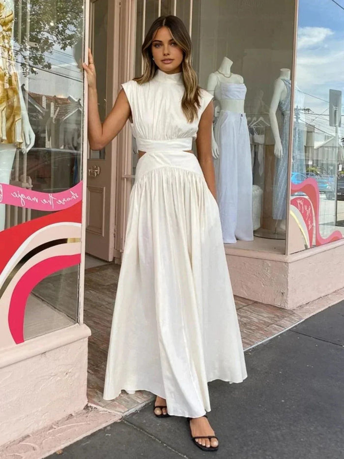 Women's Sleeveless Maxi Dress with High Collar and Waist Cut-Outs - Maisie London