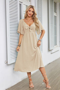 Women's Textured Flutter Sleeve Midi Dress with V-Neck and Tie Front - Maisie London