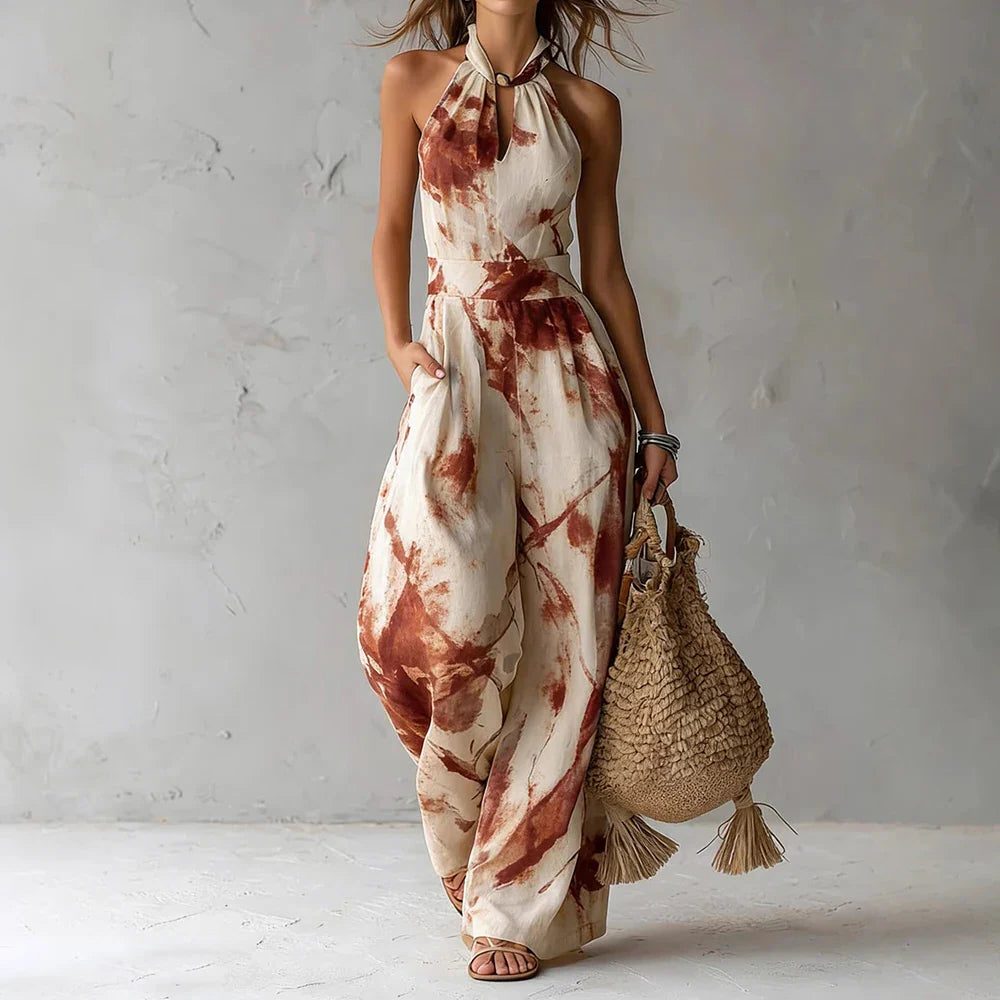 Women's Linen-Look Wide-Leg Jumpsuit with Halterneck and Pockets - Maisie London