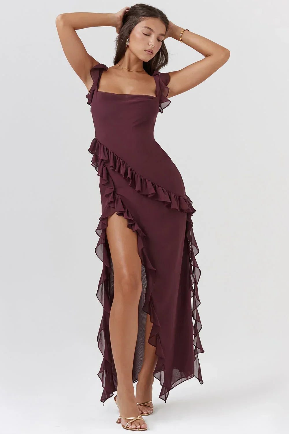 Women's Chiffon Ruffle Maxi Dress with Square Neck and Side Slit - Maisie London