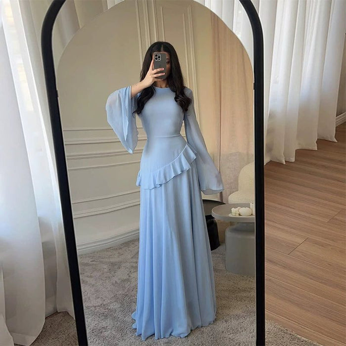 Women's Chiffon Maxi Dress with Bell Sleeves and Ruffle Waist - Maisie London