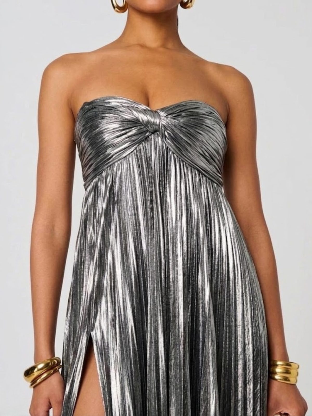 Women's Pleated Metallic Maxi Dress with Twist Front and Side Split - Maisie London