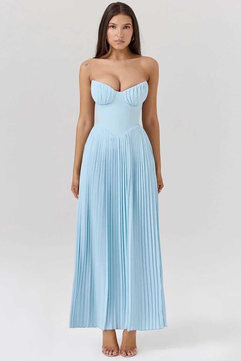 Women's Sky Blue Pleated Maxi Dress with Bustier Bodice - Maisie London