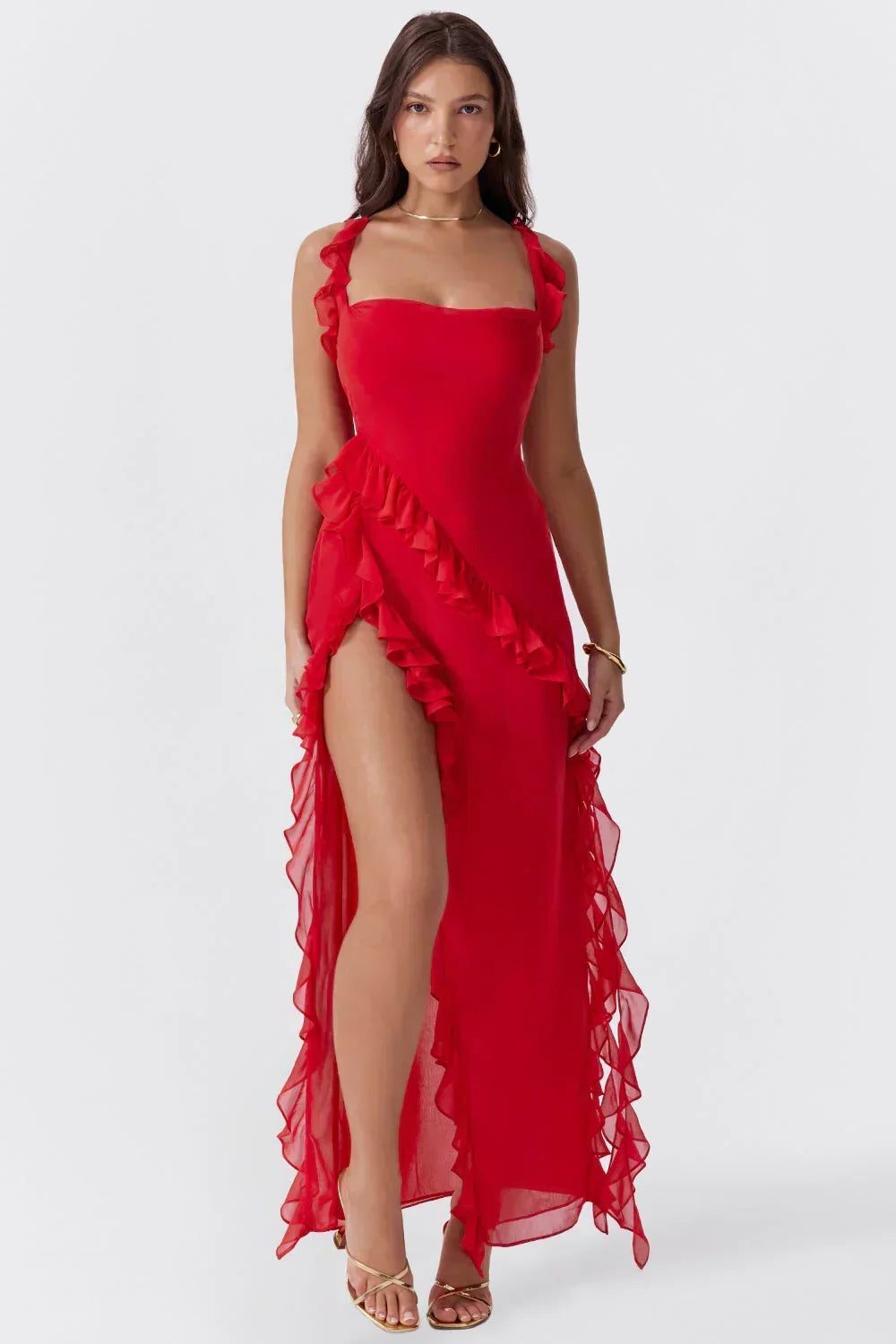 Women's Chiffon Ruffle Maxi Dress with Square Neck and Side Slit - Maisie London