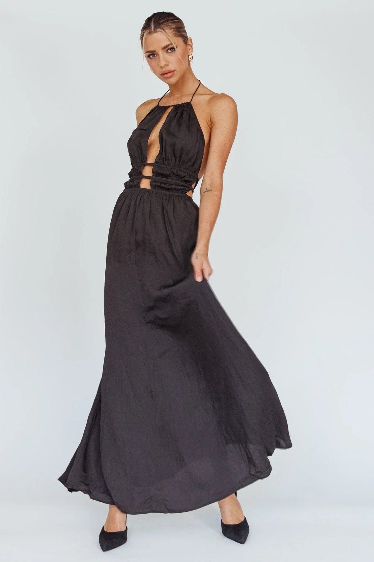Women's Halterneck Maxi Dress with Front Cut-Out and Open Back - Maisie London
