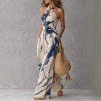 Women's Linen-Look Wide-Leg Jumpsuit with Halterneck and Pockets - Maisie London