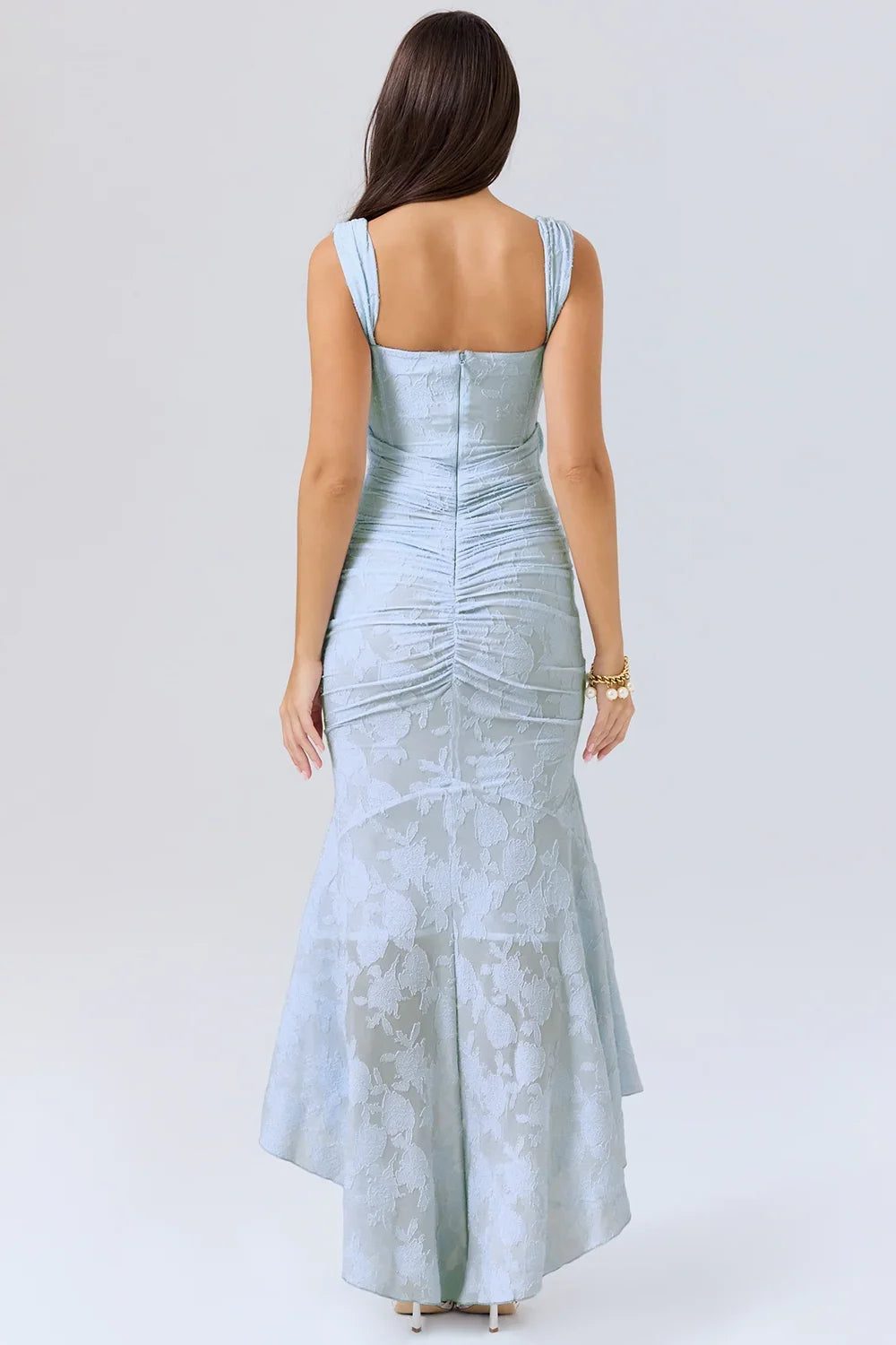 Women's Floral Jacquard Midi Dress with Ruched Waist and High-Low Hem - Maisie London