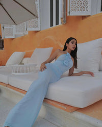 Women's Blue Jersey Halterneck Maxi Dress with Rosettes and Ruching - Maisie London
