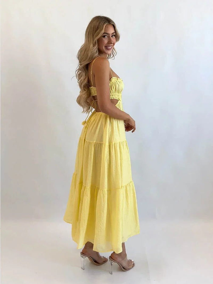 Women's Tiered Maxi Dress with Thin Straps and Cut-Out Waist - Maisie London