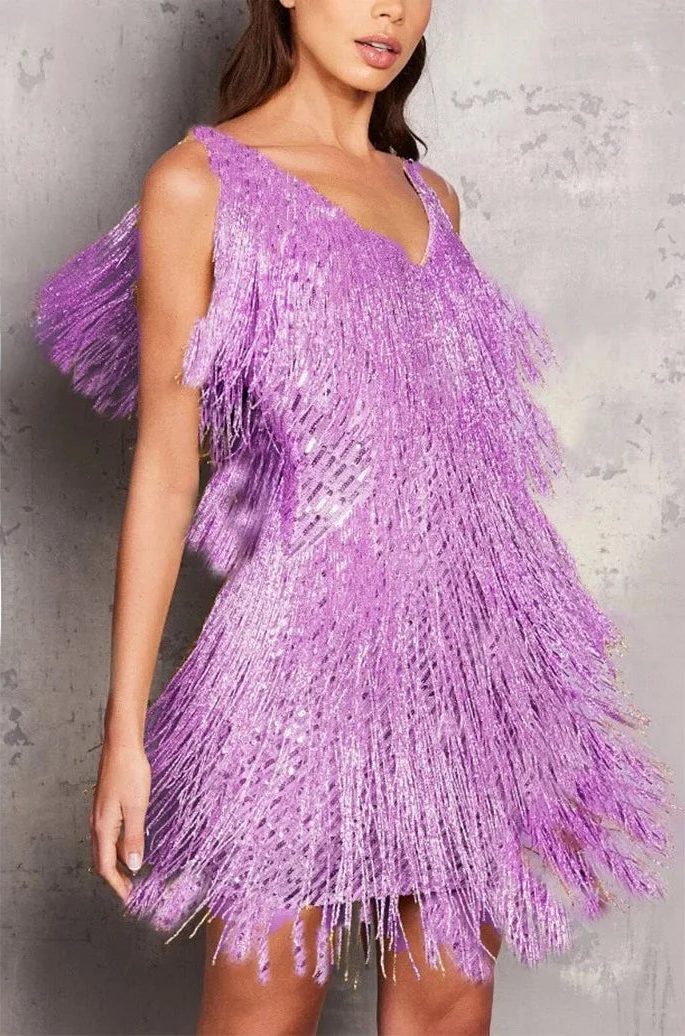 Women's Sequin Fringe A-Line Mini Dress with V-Neck and Tiered Hem - Maisie London