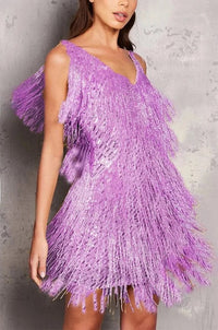 Women's Sequin Fringe A-Line Mini Dress with V-Neck and Tiered Hem - Maisie London