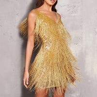 Women's Sequin Fringe A-Line Mini Dress with V-Neck and Tiered Hem - Maisie London