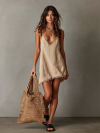 Women's Beige Linen-Look V-Neck Mini Dress with Frayed Hem - Maisie London
