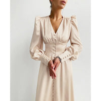 Women's Satin Button-Front Midi Dress with Puff Sleeves and V-Neck - Maisie London