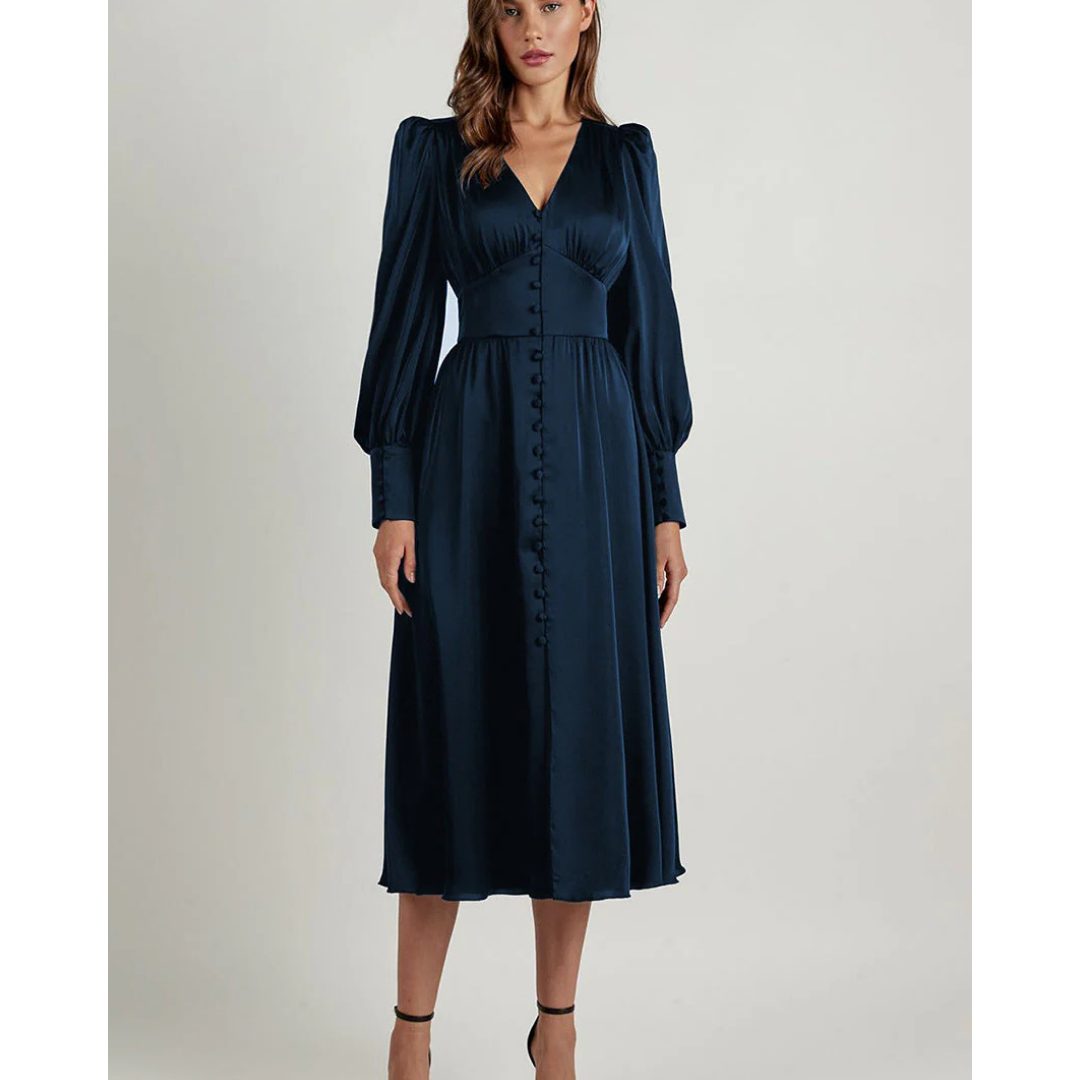 Women's Satin Button-Front Midi Dress with Puff Sleeves and V-Neck - Maisie London