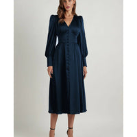 Women's Satin Button-Front Midi Dress with Puff Sleeves and V-Neck - Maisie London