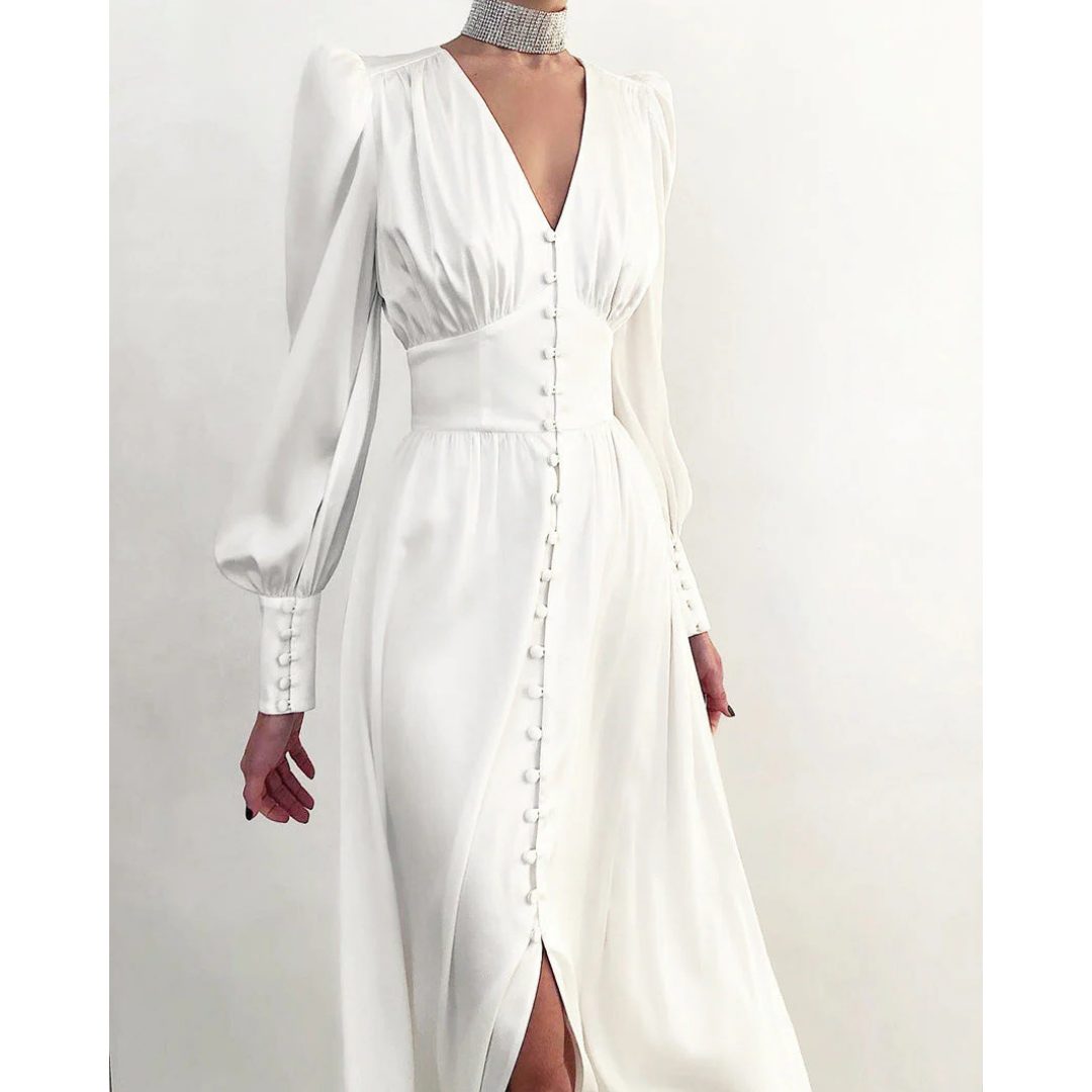 Women's Satin Button-Front Midi Dress with Puff Sleeves and V-Neck - Maisie London