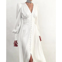 Women's Satin Button-Front Midi Dress with Puff Sleeves and V-Neck - Maisie London