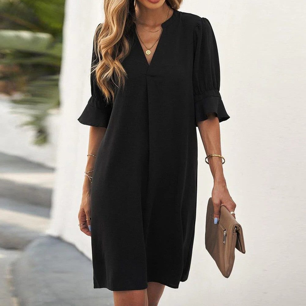 Women's Black Shift Dress with Ruffle Sleeves and V-Neck - Maisie London
