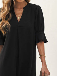Women's Black Shift Dress with Ruffle Sleeves and V-Neck - Maisie London