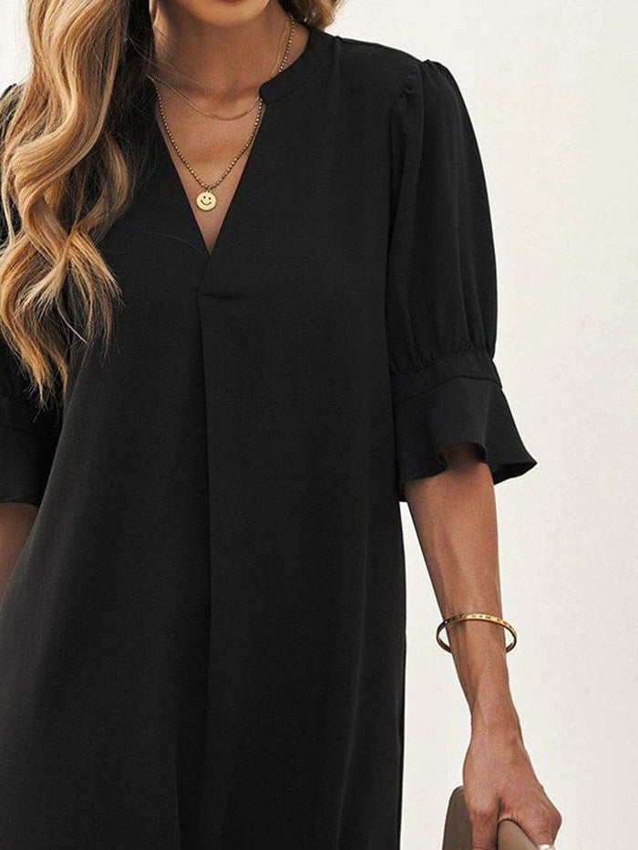 Women's Black Shift Dress with Ruffle Sleeves and V-Neck - Maisie London