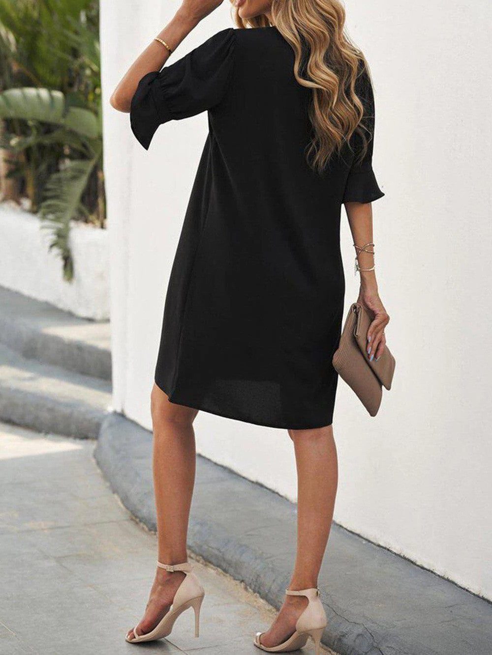Women's Black Shift Dress with Ruffle Sleeves and V-Neck - Maisie London