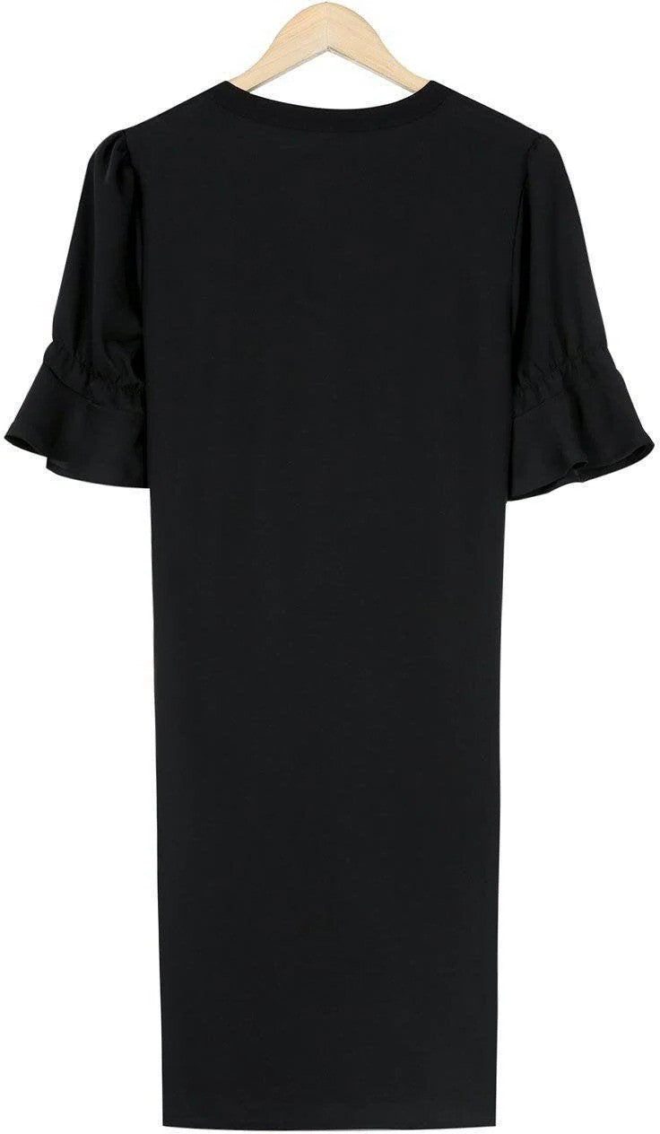 Women's Black Shift Dress with Ruffle Sleeves and V-Neck - Maisie London
