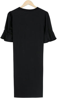 Women's Black Shift Dress with Ruffle Sleeves and V-Neck - Maisie London