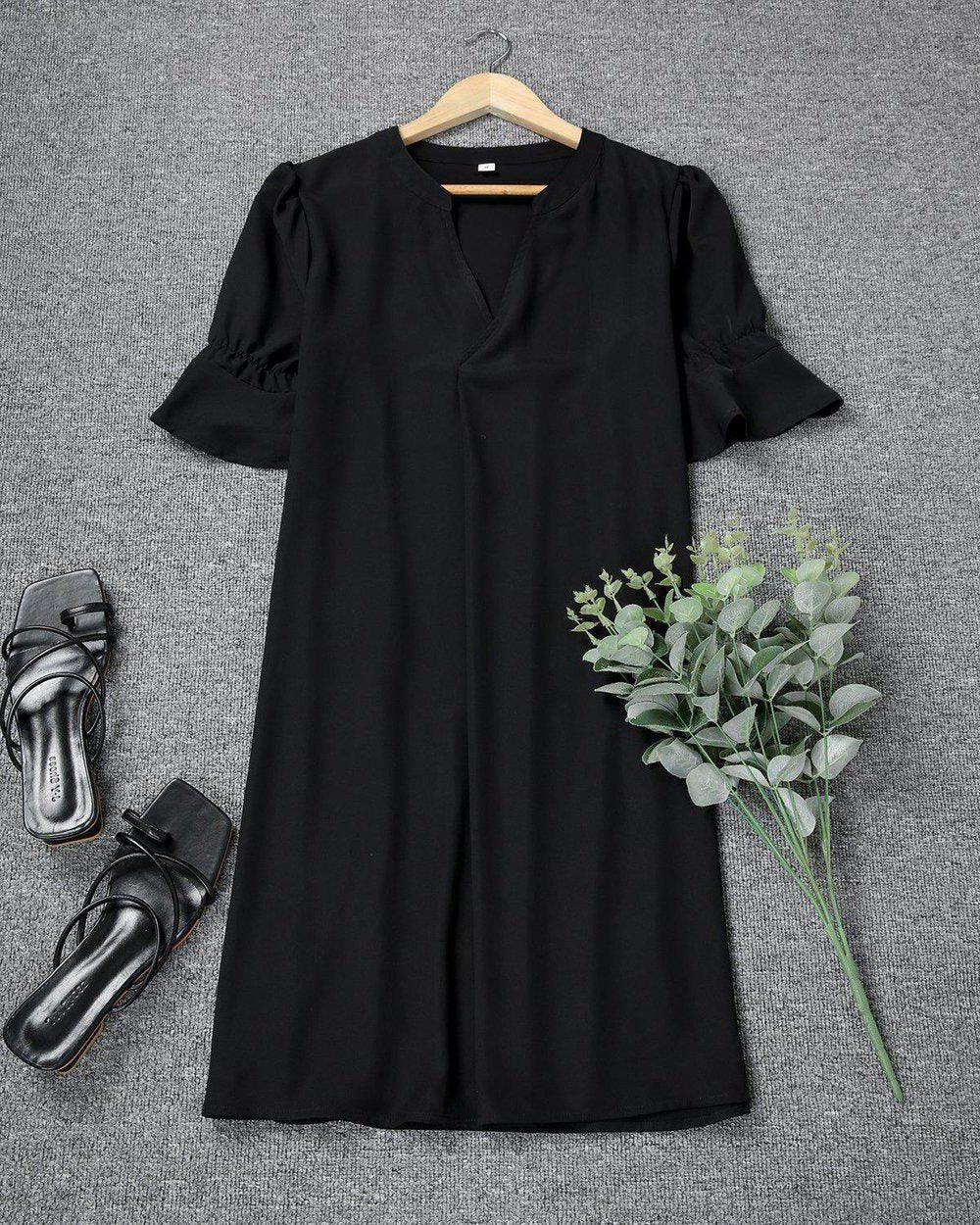 Women's Black Shift Dress with Ruffle Sleeves and V-Neck - Maisie London