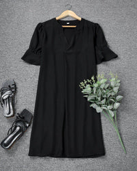 Women's Black Shift Dress with Ruffle Sleeves and V-Neck - Maisie London