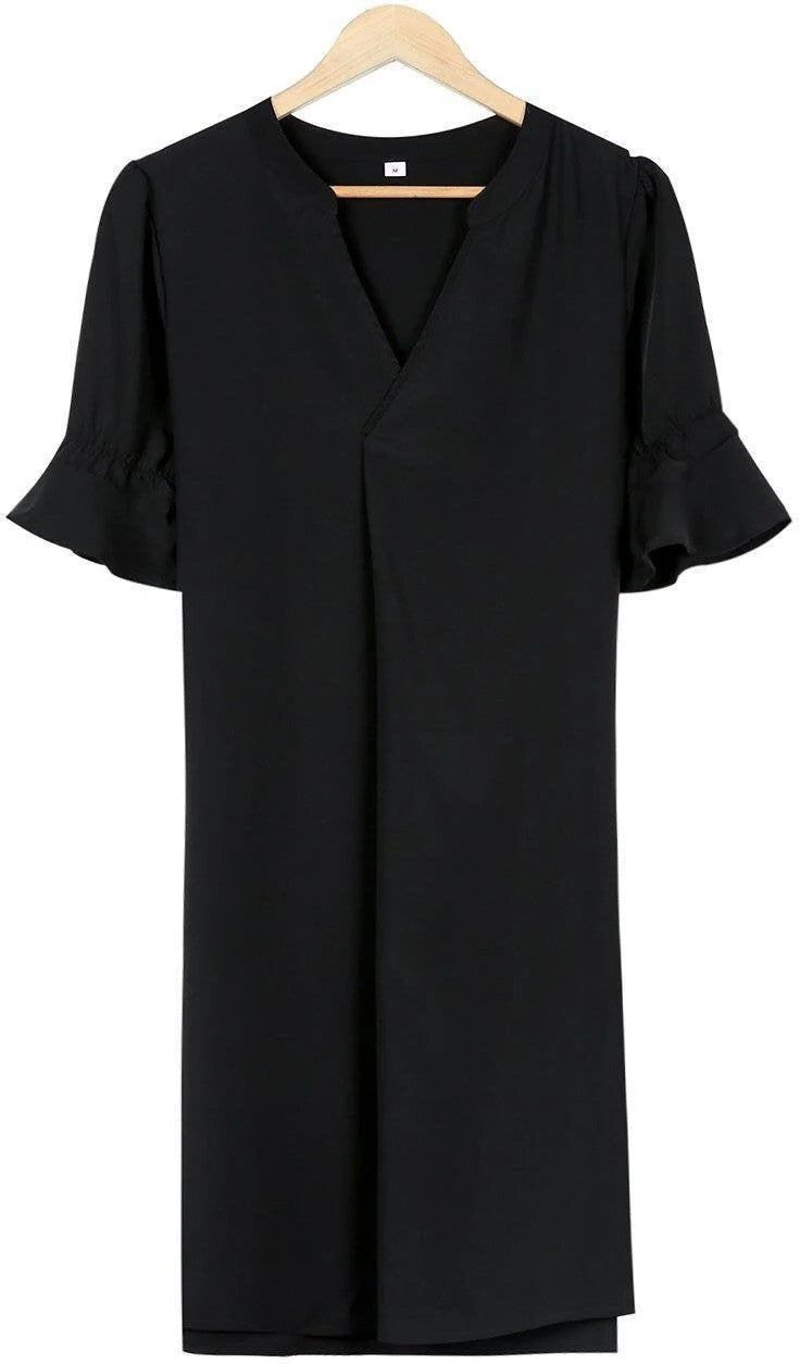 Women's Black Shift Dress with Ruffle Sleeves and V-Neck - Maisie London