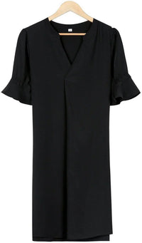 Women's Black Shift Dress with Ruffle Sleeves and V-Neck - Maisie London